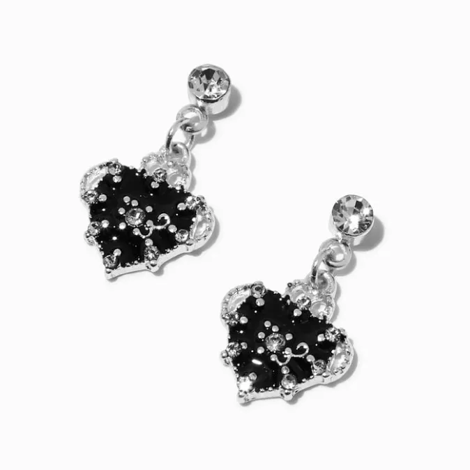 ICING Black Heart Silver-tone Crystal 0.75" Drop Earrings