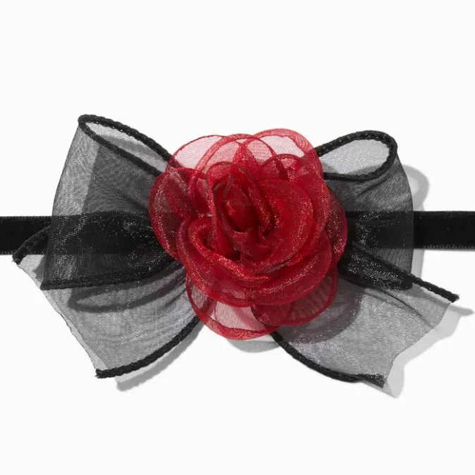ICING Chiffon Red Rose & Black Bow Choker Necklace