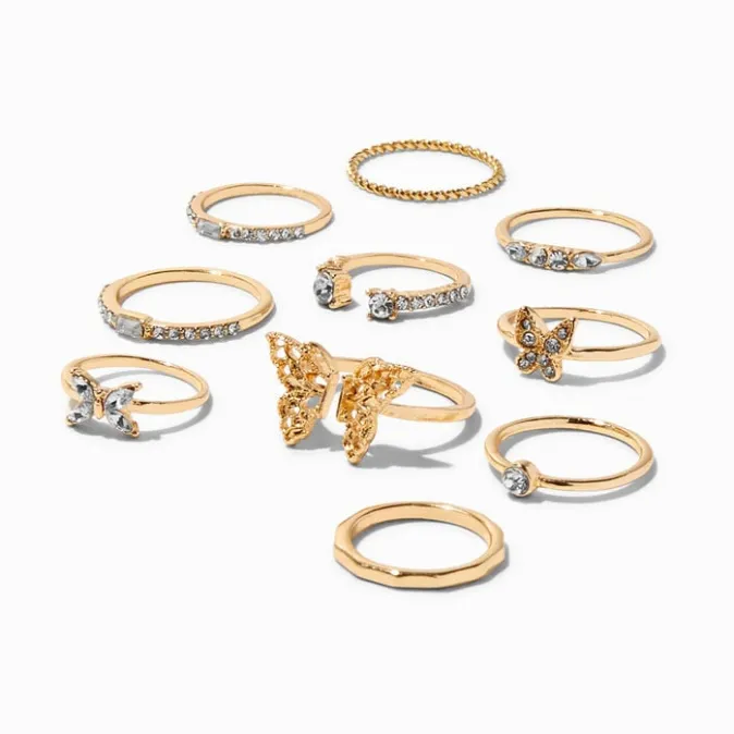 ICING Gold Crystal Butterfly Rings - 10 Pack