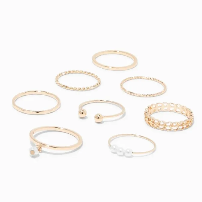 ICING Gold Geometric Pearl Rings - 8 Pack