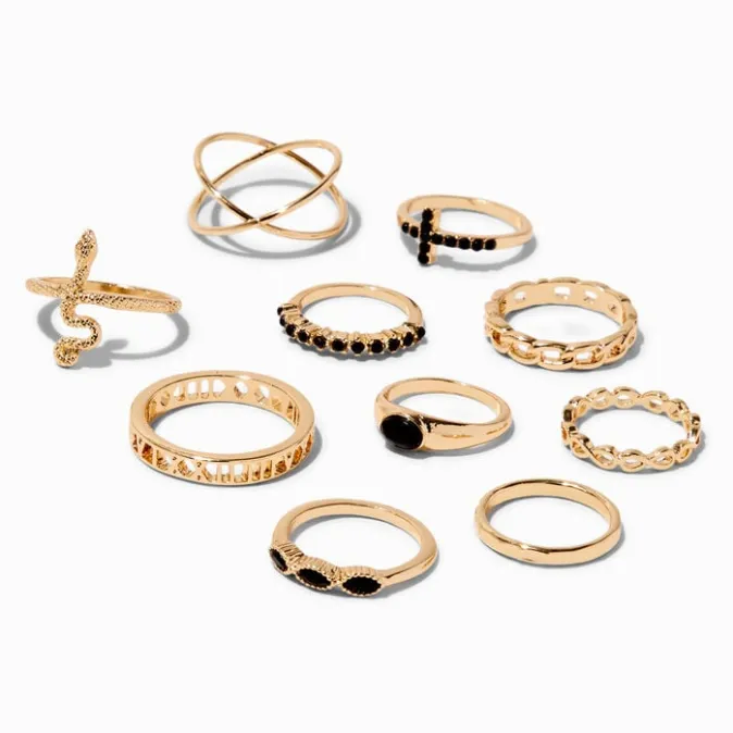 ICING Gold-tone Black Snake Mixed Rings - 10 Pack