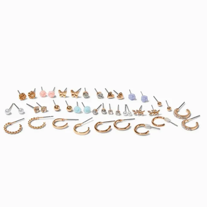 ICING Gold-tone Carved Rose Mixed Earrings Set - 20 Pack