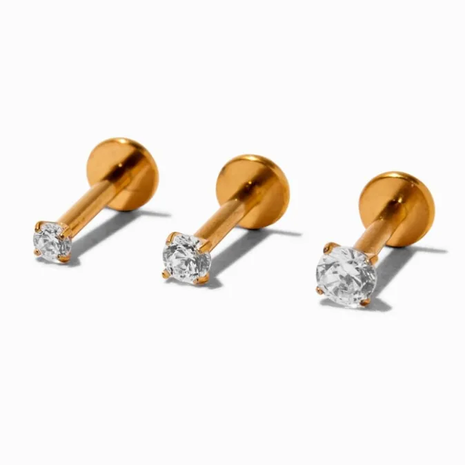 ICING Gold-tone 16G Cubic Zirconia Labret Lip Studs - 3 Pack