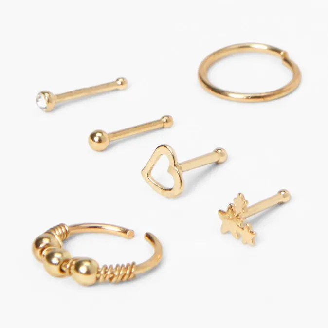 ICING Gold-tone 20G Star Heart Mixed Nose Rings - 6 Pack