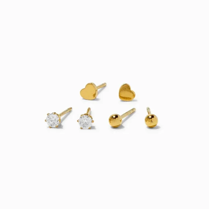 ICING Gold-tone Stainless Steel Cubic Zirconia Heart Stud Earrings - 3 Pack