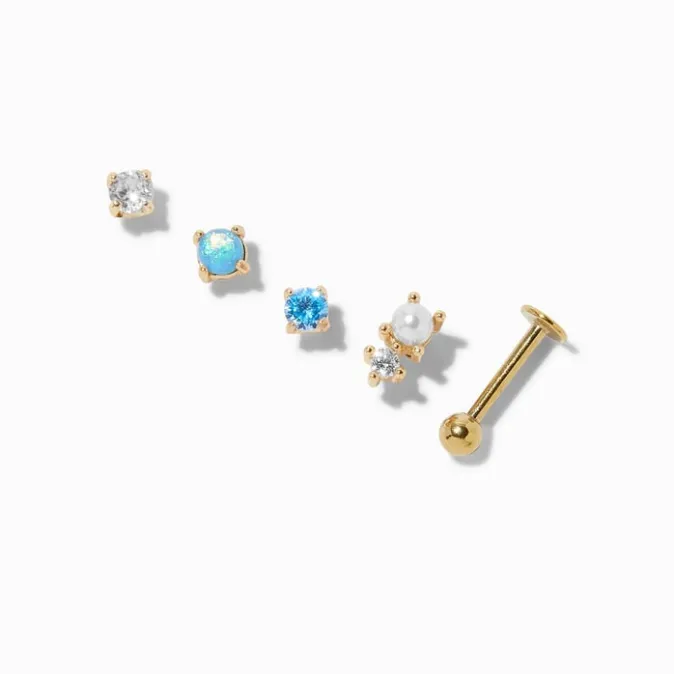 ICING Gold-tone Stainless Steel 16G Aqua Changeable Tragus Flat Back Earrings - 5 Pack