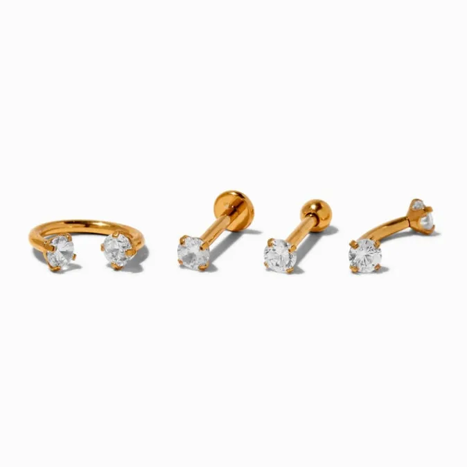 ICING Gold-tone Titanium 16G Cubic Zirconia Labret Lip Studs - 4 Pack