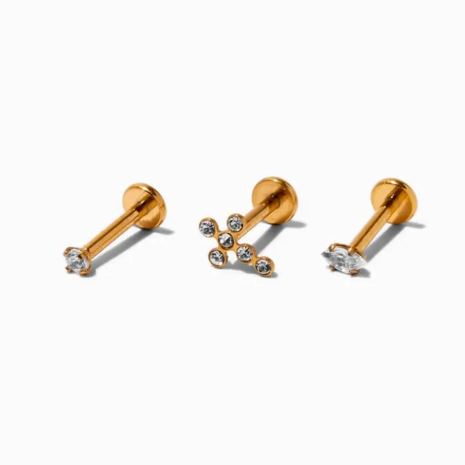 ICING Gold-tone Titanium 16G Cubic Zirconia Cross Cartilage Stud Earrings - 3 Pack