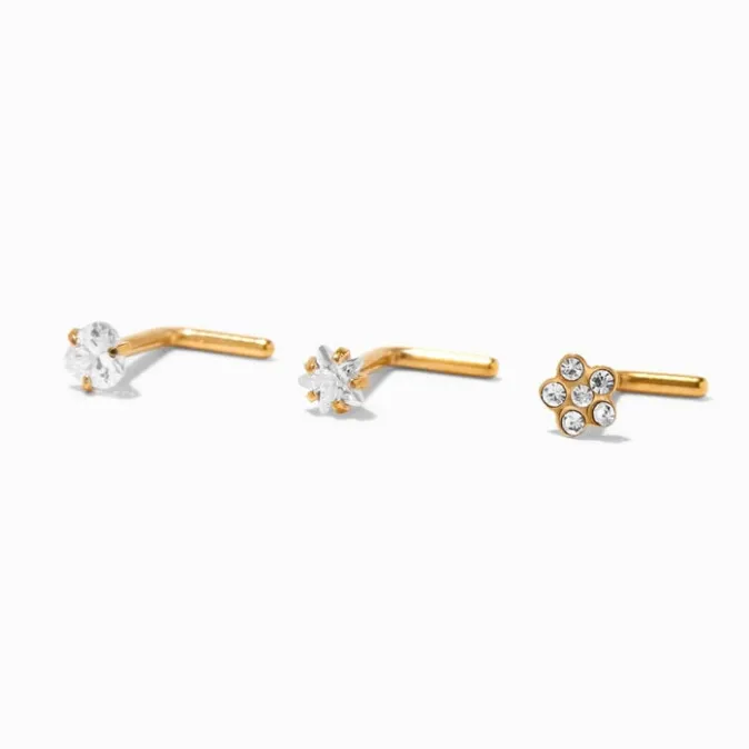 ICING Gold-tone Titanium 18G Flower, Heart & Star Nose Studs - 3 Pack