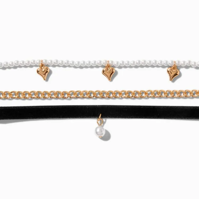 ICING Heart & Pearl Gold-tone Choker Necklaces - 3 Pack