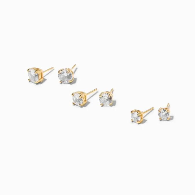 ICING 18K Gold Plated Cubic Zirconia Graduated Round Basket Stud Earrings - 3 Pack