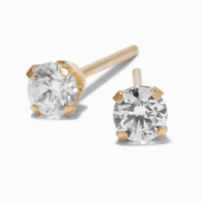 ICING 14kt Yellow Gold 3mm Cubic Zirconia Long Post Studs Ear Piercing Kit with Ear Care Solution