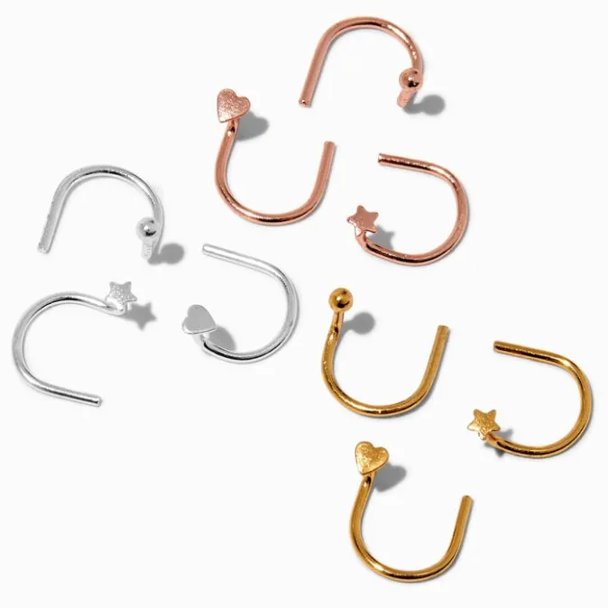 ICING Mixed Metal Sterling Silver Star, Hearts, & Balls U-Shaped 22G Nose Studs - 9 Pack
