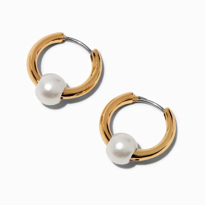 ICING Pearl Bead Gold-tone 15MM Huggie Hoop Earrings