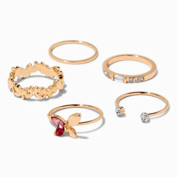 ICING Pink Butterfly Gold-tone Ring Set - 5 Pack