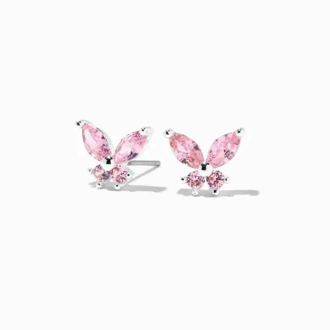 ICING Pink Cubic Zirconia Silver Butterfly Stud Earrings