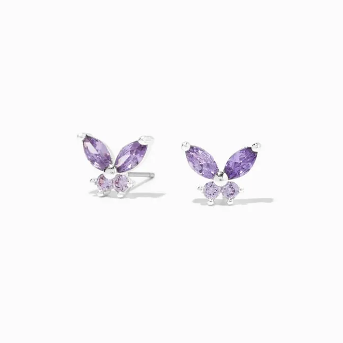 ICING Purple Cubic Zirconia Silver Butterfly Stud Earrings