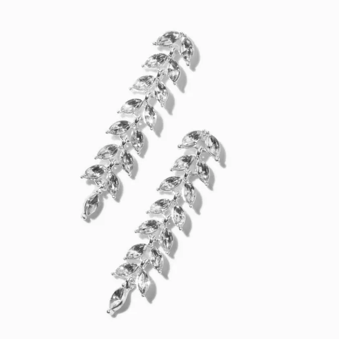ICING Rhinestone Leaves Silver-tone 2" Linear Drop Earrings