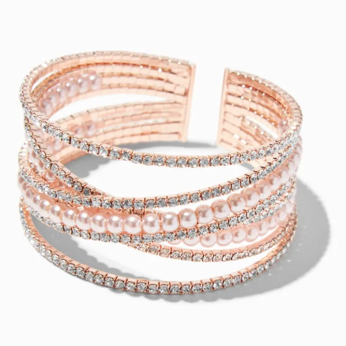ICING Rose Gold Rhinestone & Pearl Statement Cuff Bracelet