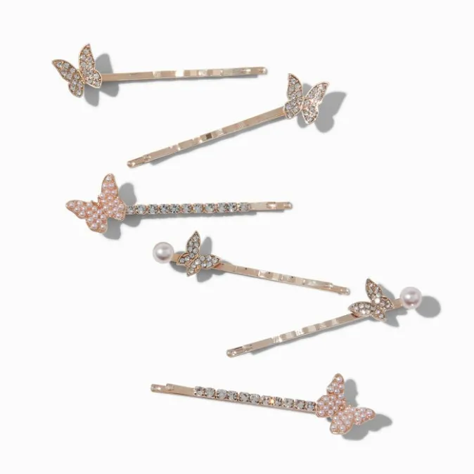 ICING Rose gold-tone Butterfly Rhinestone Pearl Hair Pins - 6 Pack