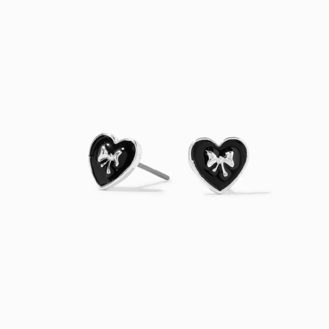 ICING Silver Bow Black Heart Stud Earrings