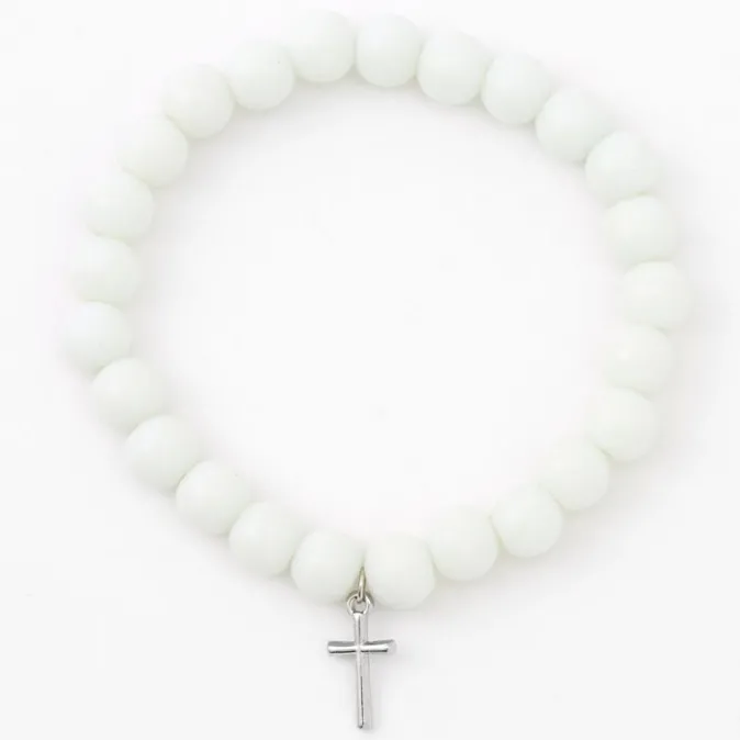 ICING Silver Cross Beaded Stretch Bracelet - White