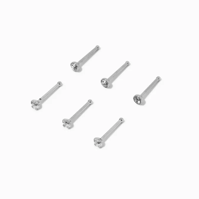 ICING Silver Cubic Zirconia 20G Stainless Steel Nose Studs - 6 Pack