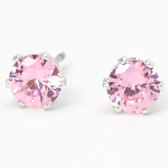 ICING Silver Cubic Zirconia Round Stud Earrings - Pink, 5MM