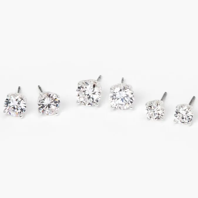 ICING Silver Cubic Zirconia Round Stud Earrings - 6MM, 7MM, 8MM