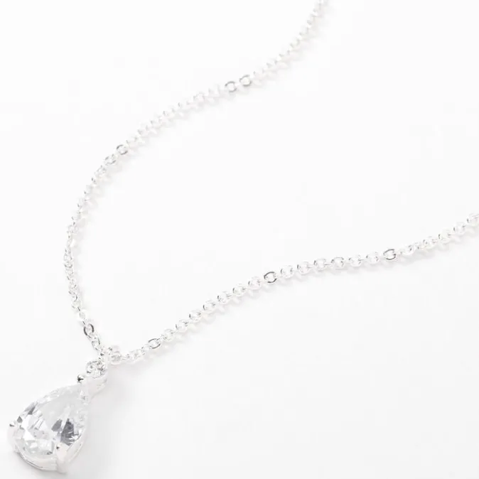 ICING Silver Cubic Zirconia Single Teardrop Rhinestone Pendant Necklace