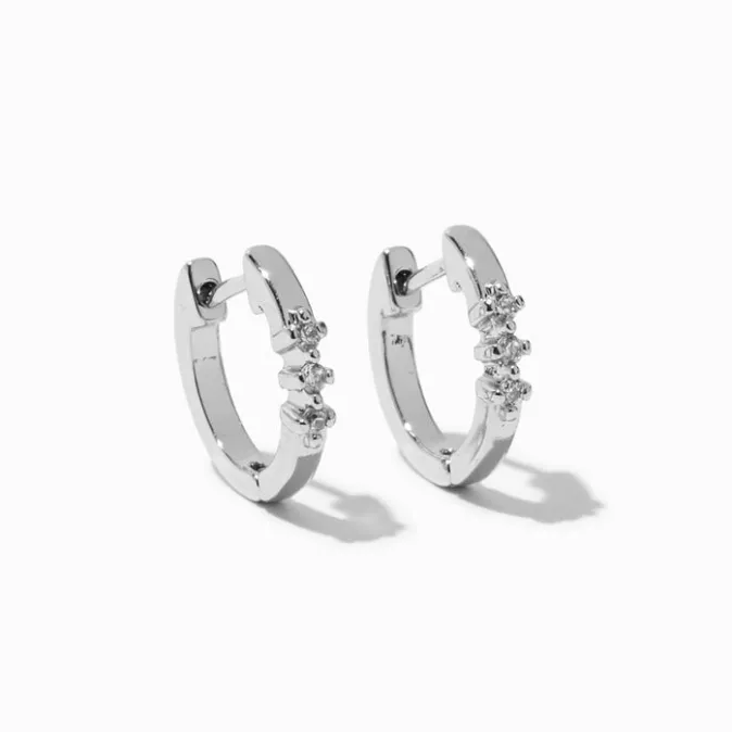 ICING Silver Cubic Zirconia Three Stone 10MM Huggie Hoop Earrings