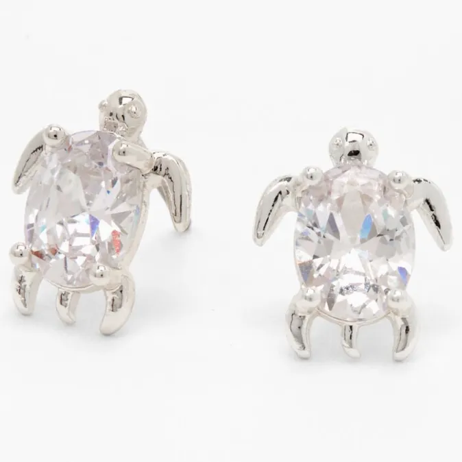 ICING Silver Cubic Zirconia Turtle Stud Earrings - 8MM