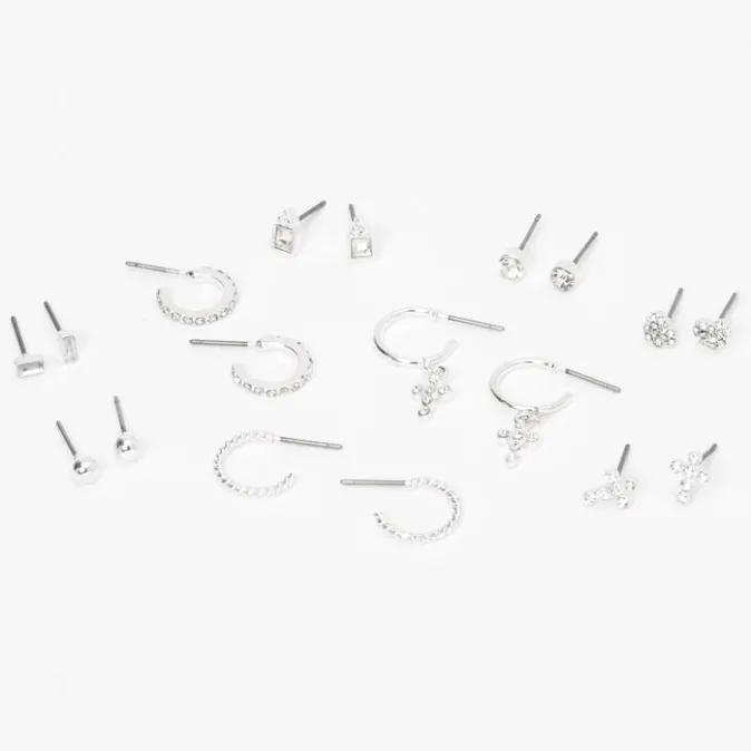 ICING Silver Embellished Mixed Cross Earrings - 9 Pack