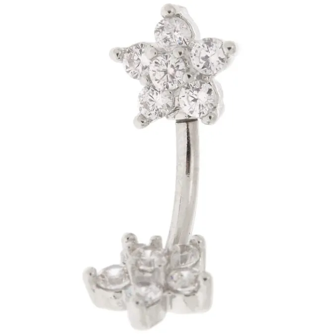ICING Silver 14G Double Flower Crystal Belly Ring