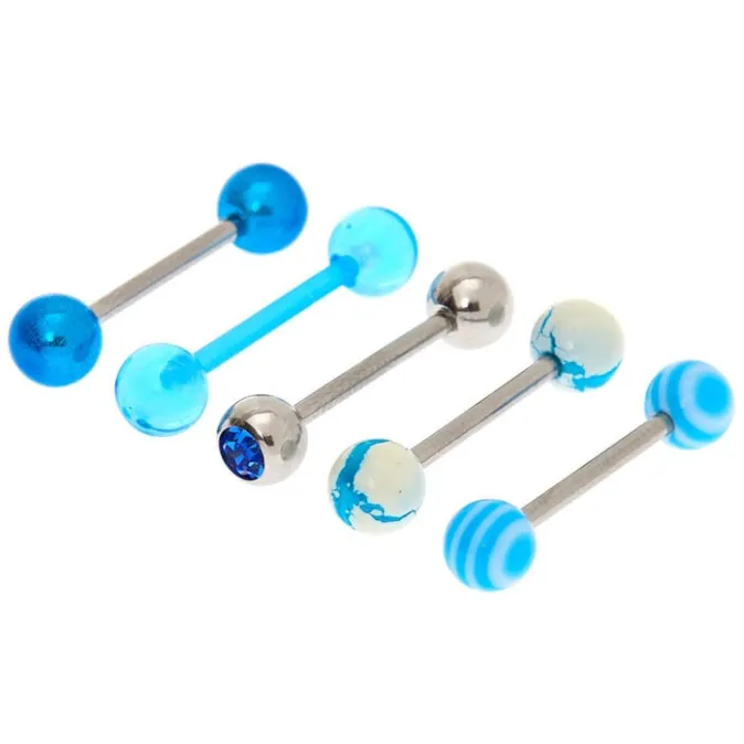ICING Silver 14G Marble Swirl Tongue Rings - Blue, 5 Pack