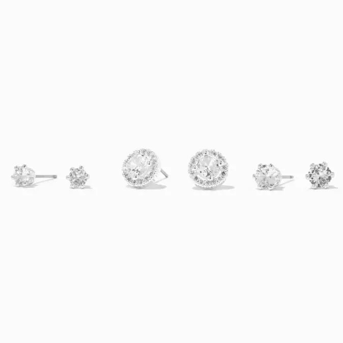 ICING Silver Halo Cubic Zirconia Studs Earrings - 3 Pack