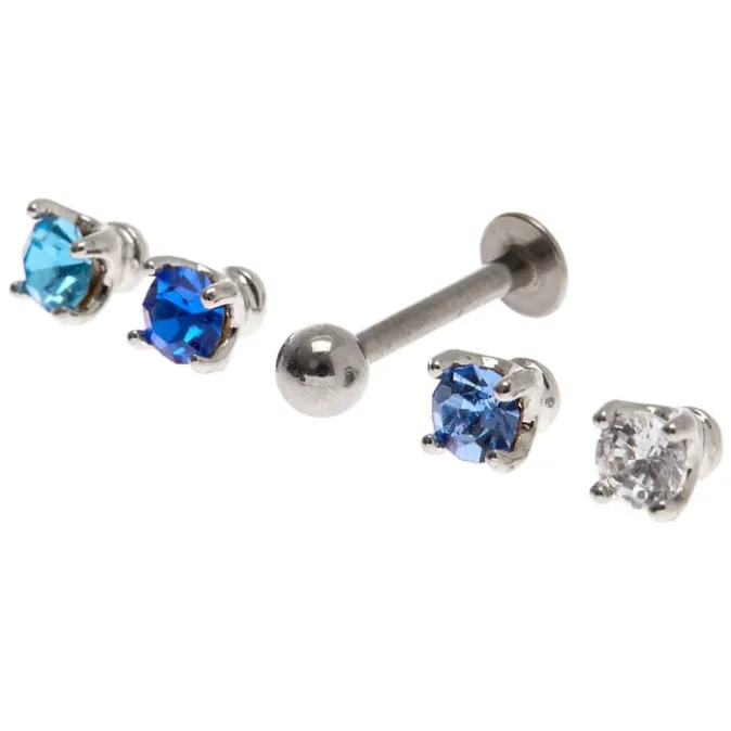 ICING Silver Multi Crystal Changeable Flat Back Tragus Earrings - Blue, 5 Pack