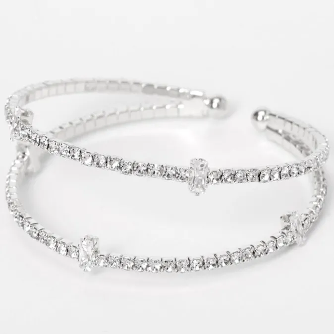 ICING Silver Rhinestone Double Row Cuff Bracelet