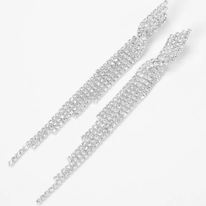 ICING Silver Rhinestone Linear Twisted Fringe 3" Drop Earrings