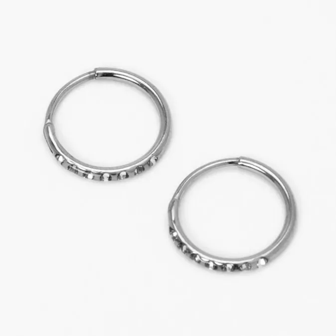 ICING Silver Titanium 10MM Sleek Crystal Hoop Earrings