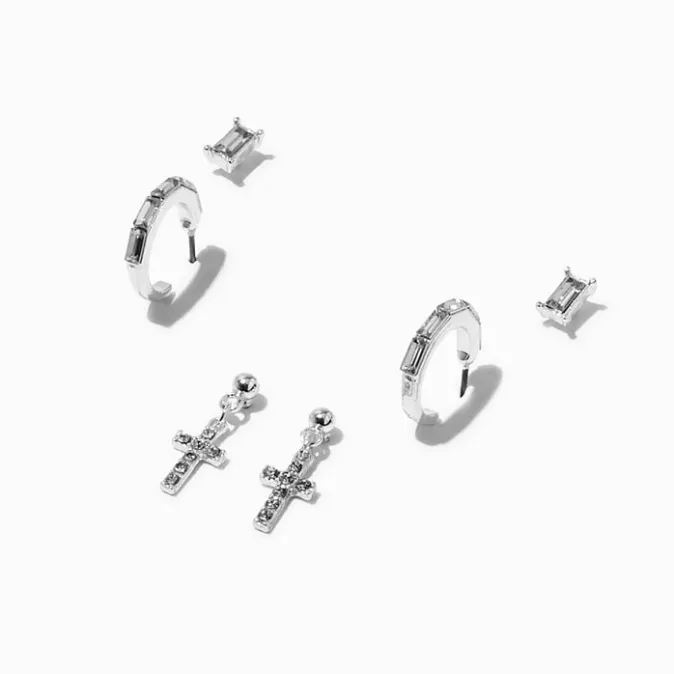 ICING Silver-tone Cross Crystal Baguette Earring Stackables - 3 Pack