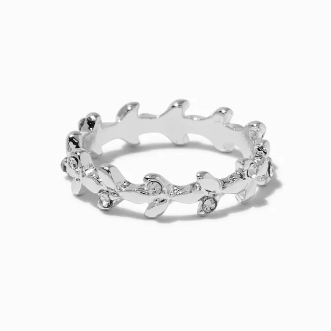 ICING Silver-tone Crystal Leaf Ring