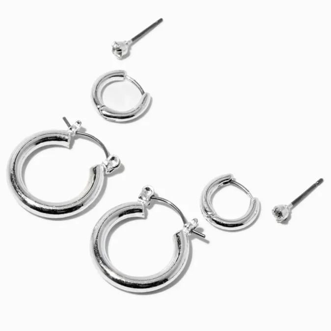 ICING Silver-tone Crystal Stud & Hoop Earring Stackables Set - 3 Pack