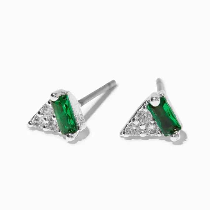 ICING Silver-tone Cubic Zirconia Green Triangle Stud Earrings