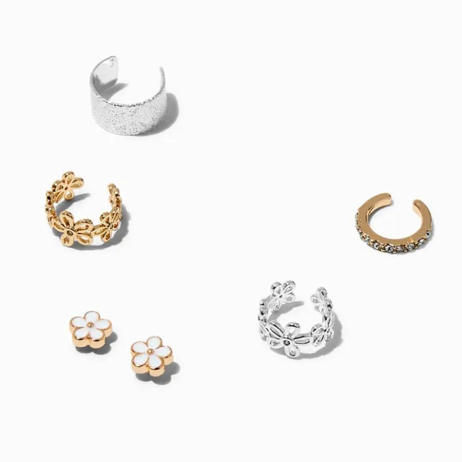 ICING Silver-tone Daisy Stud & Ear Cuff Earring Stackables - 6 Pack