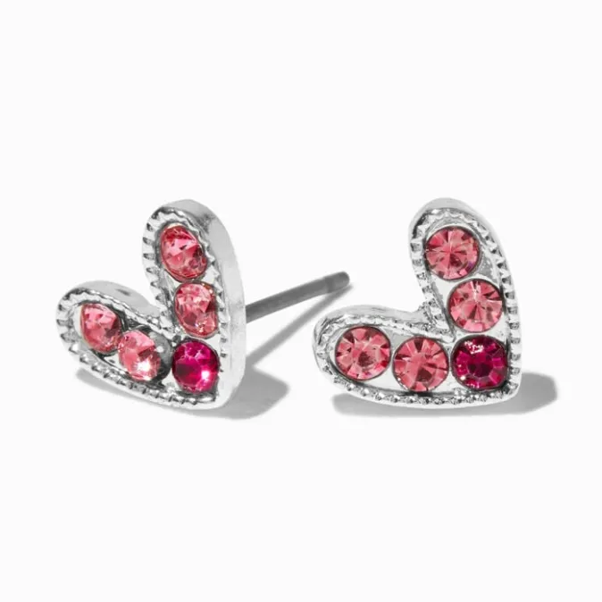 ICING Silver-tone Pink Crystal Heart Stud Earrings