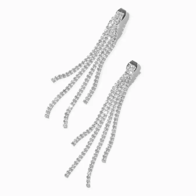 ICING Silver-tone Rhinestone Cup Chain Fringe 3" Drop Earrings