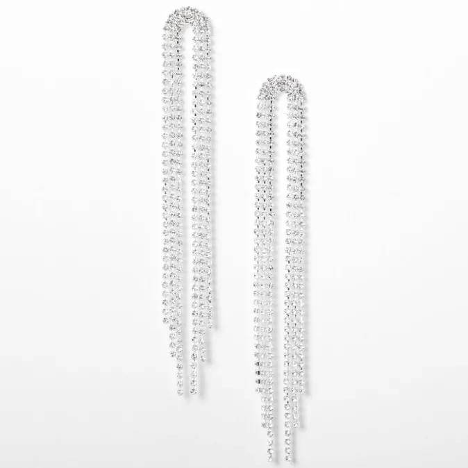 ICING Silver-tone Rhinestone Horse Tail Fringe 4" Drop Earrings