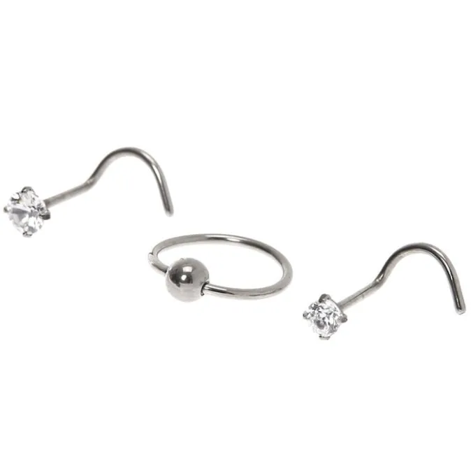 ICING Silver-tone Titanium 20G Crystal Nose Studs - 3 Pack