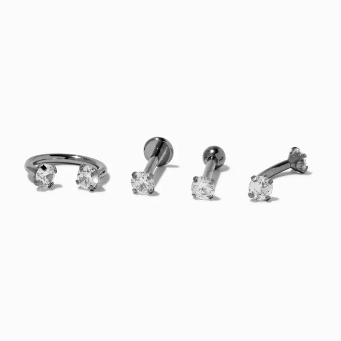 ICING Silver-tone Titanium 16G Cubic Zirconia Labret Lip Studs - 4 Pack